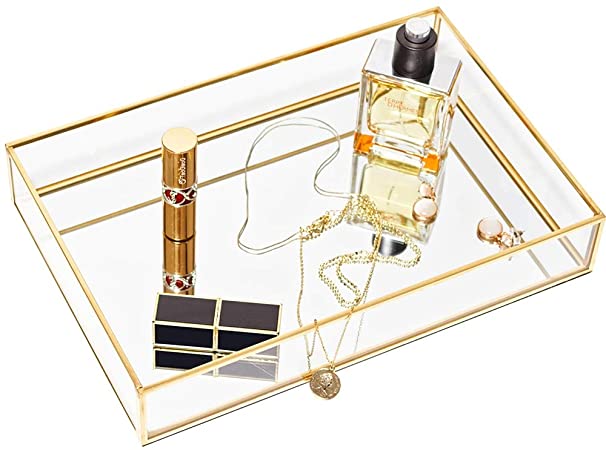 CHICHIC Gold Mirror Tray Jewelry Organizer Vanity Tray Jewelry Tray Perfume Tray Dresser Tray Decorative Tray, Glass Metal Makeup Tray for Bathroom Bedroom Cosmetics Storage, 11.8 x 7.9 Inch
