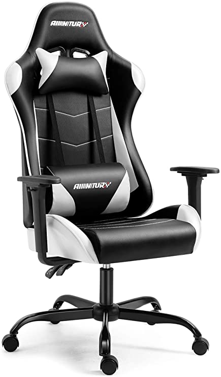 AMINITURE Gaming Chair Racing Style High Back Computer Game Chair Adjustable Reclining Office Chair with Adjustment Recliner, Headrest and Lumbar Support (White & Black)