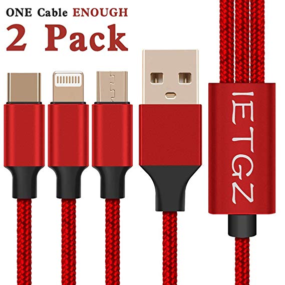 IETGZ Multi USB Charger Cable 3 in 1 Multiple 2 Pack 3 FT Nylon Braided Universal USB Charging Cord with 8 Pin Plug USB Type C Micro USB for Cell Phones Tablets and More (Red)