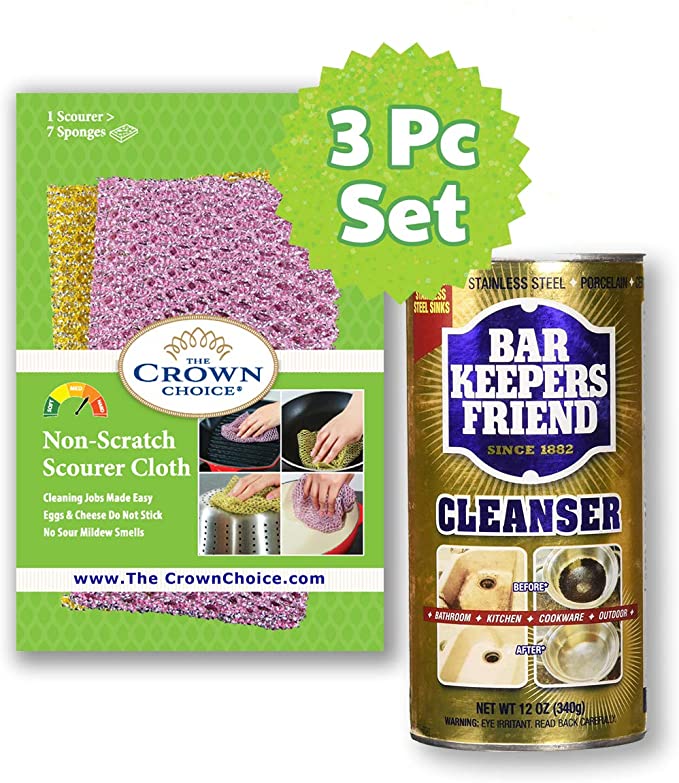 BAR KEEPERS FRIEND Cleanser Powder and Non Scratch Scouring Scrubber Kit | Multipurpose, Stainless Steel, Rust, Soft Cleaner with Heavy Duty Non Scratch DishCloth