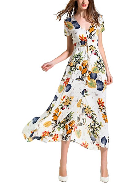 ANGELADY Bohemian Women Button Up Split Floral Print Short Sleeve Beach Maxi Dress