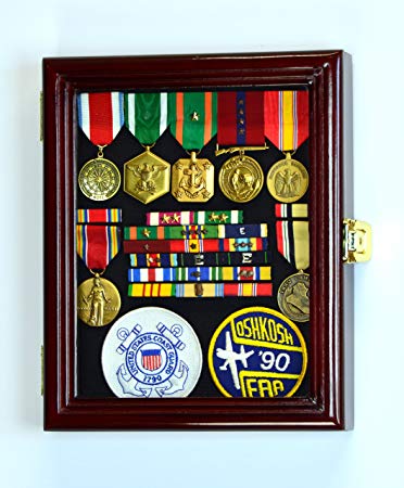 XS Display Case Cabinet Box for Military Medals Pins Patches Insignia Ribbons w/UV Protection -Cherry