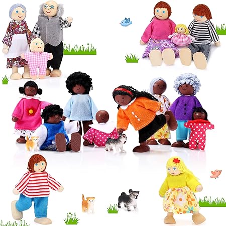 20 Pcs Wooden Dollhouse Family Set of 16 Mini People Figures and 4 Pets, Dollhouse Dolls Wooden Doll Family Cosplay Figures Accessories for Pretend Dollhouse Toy (Cute Style)