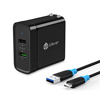 [Quick Charge 3.0] iClever 30W Dual USB Wall Charger with 4ft USB C to USB A Charger Cable for Samsung Galaxy S8/S7/S7 Edge, iPhone X/8/7, iPad Mini/Air and more