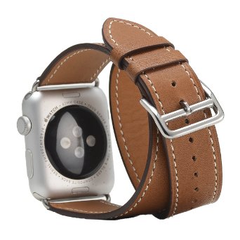Apple Watch Band, Mr.Pro Double Tour Bracelet Dermal Loop Watchband with Classic Metal Buckle, The Extra Long Luxury Genuine Leather Wrist Band for iWatch Apple Watch & Sport & Edition (DT-Brown38)