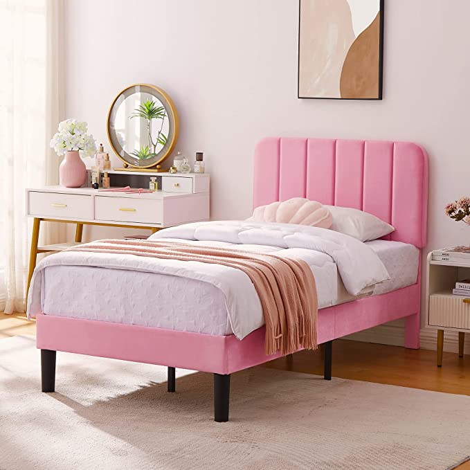 VECELO Twin Size Upholstered Bed Frame with Adjustable Velvet Headboard and Wooden Slats Support, Heavy-Duty Platform Bedframe/Mattress Foundation/No Box Spring Needed, Pink