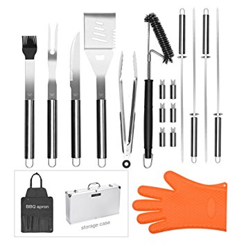 19 Pieces BBQ Grill Tool Set, multifun Stainless Steel BBQ Grill Accessories with Fold-Snap Apron and Bristles Grill Brush for Cleaning, Barbecue Grill Utensils with Aluminium Storage Case