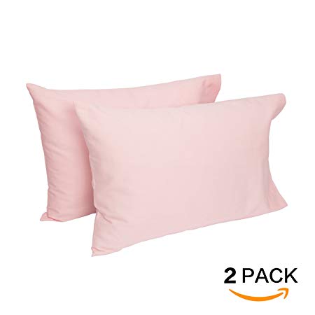 TILLYOU Cotton Collection Soft Toddler Pillowcases Set of 2, 14x20 - Fits Pillows Sized 12x16, 13x18 or 14x19, Machine Washable Travel Pillow Case Cover with Envelope Closure, Lt Pink