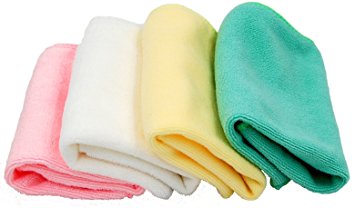 Plush Microfiber Towels/WASHCLOTHS, Ultra Soft Thick, 4-Pack, 12"x12" (Pink, White, Yellow, Green)