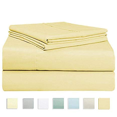 Pizuna 400 Thread Count Sheet Set, 100% Long Staple Cotton Gold Yellow Queen Sheets, Sateen Weave Bed Sheets fit upto 17 inch Deep Pockets, 4Pc Set by (Gold Yellow Queen 100% Cotton Sheet Set)
