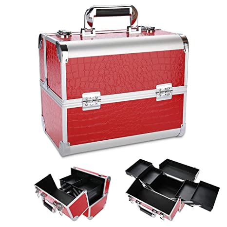 Makeup Case Travel, Toiletry Cosmetic Storage Case Make Up Organizer Box Fodable Train Case Organizer Case Beauty Salon Organizer(Red)