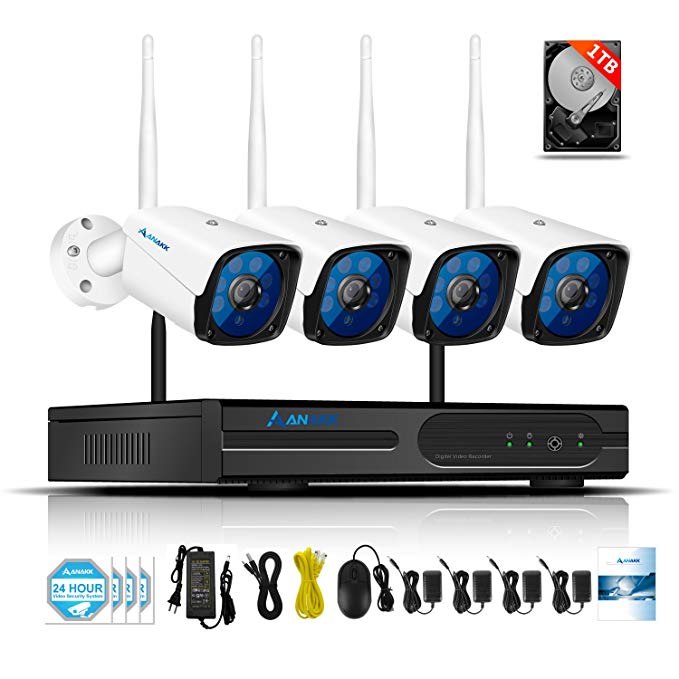 Anakk 4 Channel Wireless Security Camera System CCTV NVR Kit HD 1080P Bullet IP Cameras Waterproof Outdoor Indoor Home Surveillance Motion Detection Remote View(1TB Hard Drive)