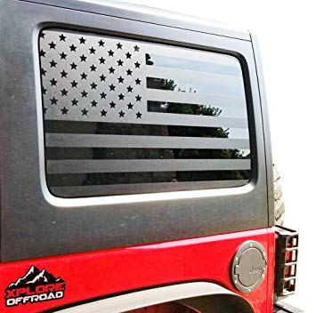 Jeep Wrangler | Precut USA Flag Window Decals | Matte Black American Vinyl for Rear Side Window JKU 2007 - 2017 | Includes Pair | Cut To Shape / No Trimming Required   Free Installation Tool (4 Door)