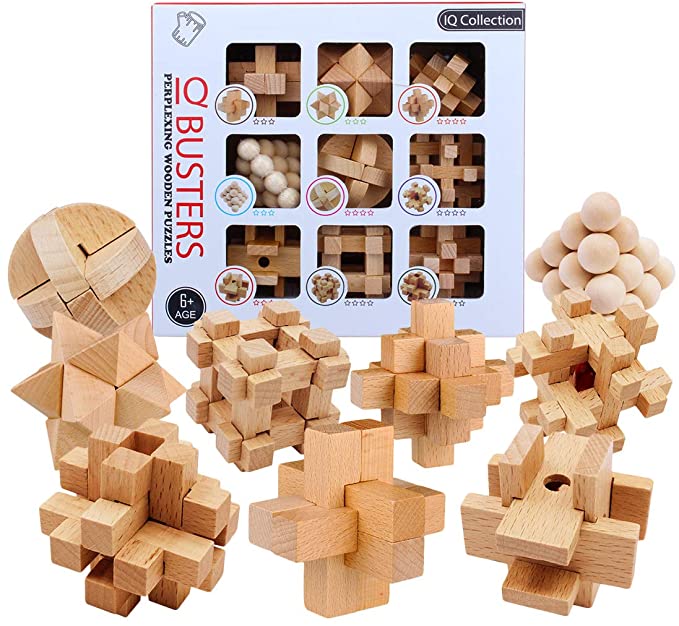 HMANE 9Pcs Wooden Brain Teaser Puzzle, IQ Test Toy, Kong Ming Lock Puzzle Disentanglement Puzzles Toy Unlock Interlock Game