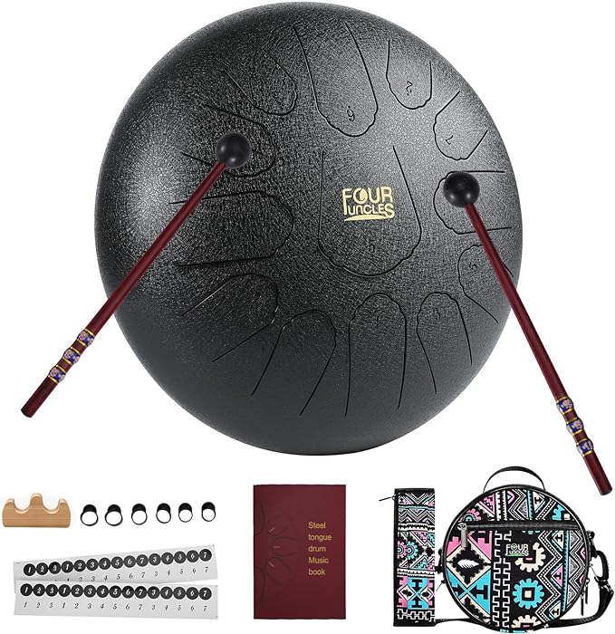 FOUR UNCLES Steel Tongue Drum, Percussion Instrument Handpan Drum C Key with Bag, Music Book and Mallets for Meditation Entertainment Musical Education Concert Yoga (12 Inch, Matte Black)