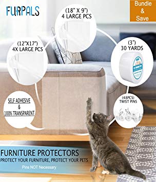 FurPals Anti Cat Scratch Deterrent Tape, Furniture Protectors from Cats, Clear Double Sided Training Tape, Couch Protector from Scratching, 4 XL (17 in by 12 in) & 4 Large (18 in by 9 in) Plus Extras