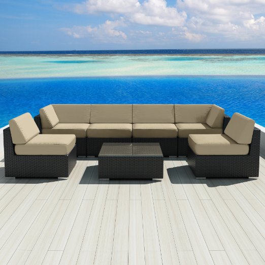 Luxxella Patio Outdoor Wicker Furniture Sunbrella Genuine Collection Bella 7-piece Couch Sectional Sofa Set (Spectrum Sand 48019)