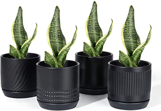 POTEY 053502 Plant Pots with Drainage Holes & Saucer - 4.2 Inch Glazed Ceramic Modern Planters Indoor Bonsai Container for Plants Flower Aloe(Set of 4, Matte Black, Plants Not Included)