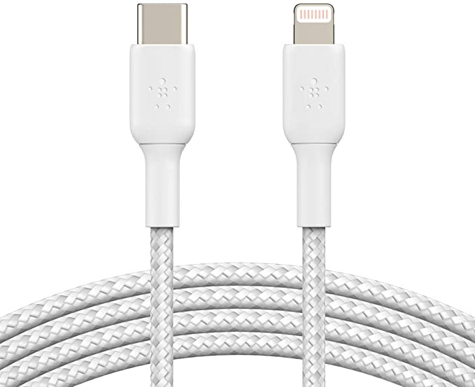 Belkin Braided USB-C to Lightning Cable (iPhone Fast Charging Cable for iPhone 8 or Later) Boost Charge MFi-Certified iPhone USB-C Cable, 6.5ft/2m, White, 6.6FT (CAA004bt2MWH)