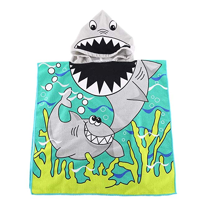 Kids Hooded Beach Bath Towel for Age 2-7 Years - Swim Pool Coverup Poncho Cape Multi-use for Bath/Shower/Pool/Swim 24" x 48" (Shark)