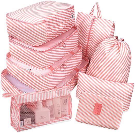 Packing Cubes for Travel, 9 Set Luggage Organizers with Shoe Bag, Electronics Bag, Cosmetics Bag, Compression Cells, Accessories Bags Made With Lightweight Waterproof Fabric (9 PCS - Pink Striped)
