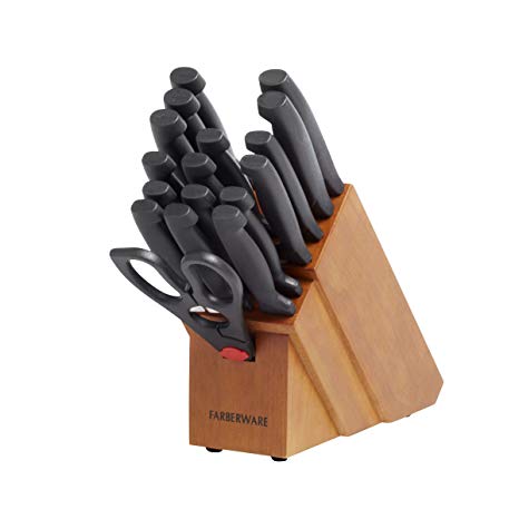 Farberware 5102280 18-Piece Never Needs Sharpening High-Carbon Stainless Steel Knife Block Set with Non-Slip Handles, Natural/Black