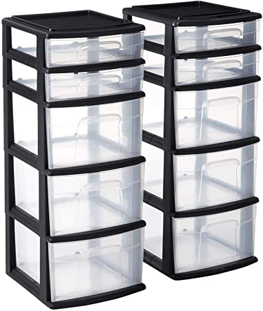 Homz Plastic 5 Drawer Medium Cart, Black Frame, Clear Drawers, Set of 2