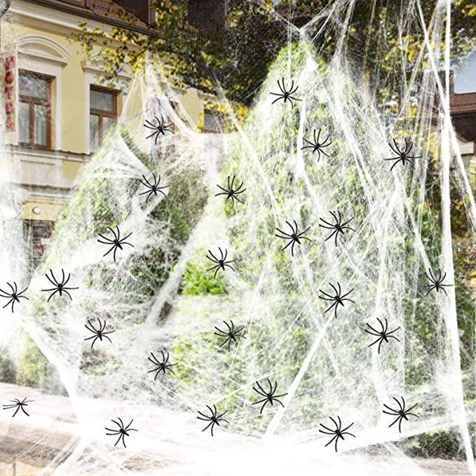 1000Sqft Halloween Spider Web & 130 Fake Spider 3-in-1 Stretch Cobweb Spider Web Decorations Set