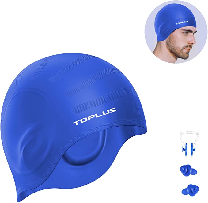 TOPLUS Swim Cap, Durable Silicone Swimming Cap Cover Ears, 3D Ergonomic Design Swimming Caps for Women Kids Men Adults Boys Girls with Nose Clip & Earplugs