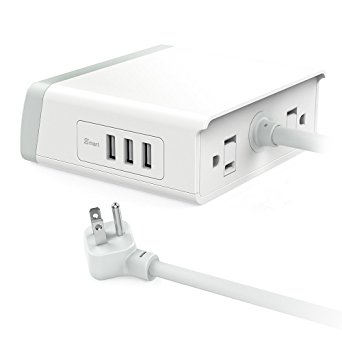 EasyAcc 7.2A 3 USB Ports Charger Stand Desktop Charging Station with 2 AC Outlets Surge Protector a Cell Phone Holder 5 Feet Cable White