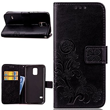 Galaxy S5 Case,S5 Case,Uncle.Y Premium PU Leather Clover Wallet Flip TPU Inner Cover Case with Card Slots Folio Stand Protection Cover Case for Samsung Galaxy S5 I9600 (Black)