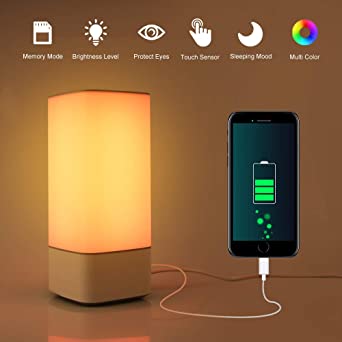 Table Bedside Lamp Touch Sensor - Dimmable USB Charging Port Warm Light LED Color Changing RGB Night Lamp for Bedrooms Office Hallways