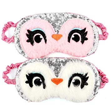 Owl Sleeping Mask 2Pack Cute Sequins Soft Plush Blindfold Eye Cover for Women Girls