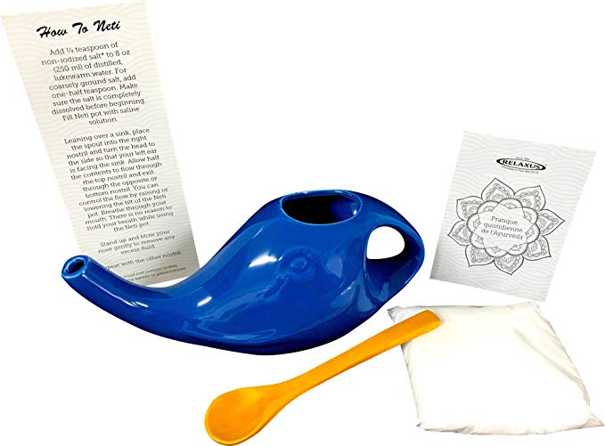 ESTIE Elephant Ceramic Neti Pot for Complete Sinus Cleansing Wash Irrigation Relief, with Bonus Wooden Measuring Spoon and Large Pouch of ph Balanced Salt (Blue)