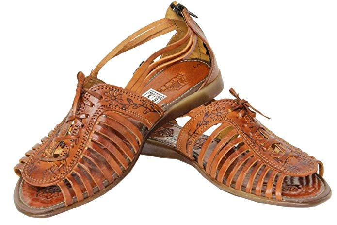 Cowboy Professional Women's 222 Rustic Cognac Leather Lace Tooled Zip Up Mexican Huaraches Open Toe