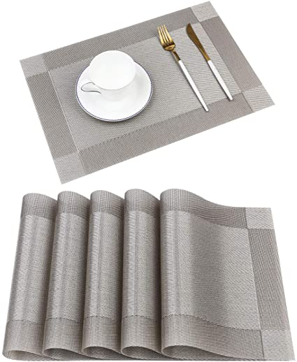 Homcomodar Silver Place Mats Woven PVC Dining Table Mats Non-slip Heat-resistant Christmas Vinyl Placemats Set of 4(Grey)