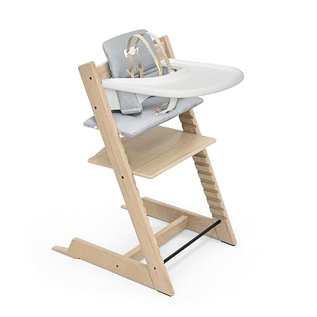 Tripp Trapp High Chair and Cushion with Stokke Tray - Natural Oak with Nordic Blue - Adjustable, Convertible, All-in-One High Chair for Babies & Toddlers