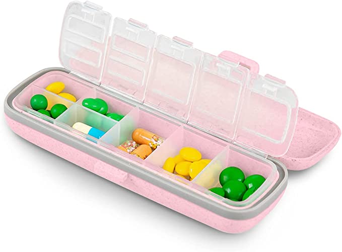 Miss Rui Small Pill Organizer, Portable Compact Pill Box Moisture Proof Travel Pill Case To Hold Vitamins Cod Liver Oil Supplements for Pocket Purse Luggage (Pink 02)