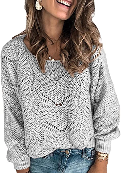 Dokotoo Womens Cute Soft Crewneck Long Sleeve Hollow Cable Knit Pullover Sweaters