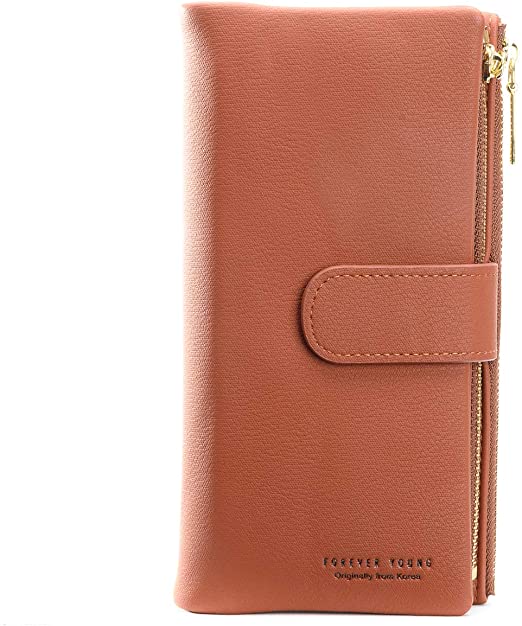 Belsmi Women Long Leather Wallet Clutch Zipper Double Pockets Card Large Capacity RFID Blocking Holder Organizer Bifold Wallets (Brown)