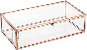 Hipiwe Glass Keepsakes Display Box Jewelry Organizer Box with Lid Decorative Glass Box Clear Rectangle Storage Box for Trinket Perfume Collection Gift for Birthday Anniversaries,Rose Gold Large