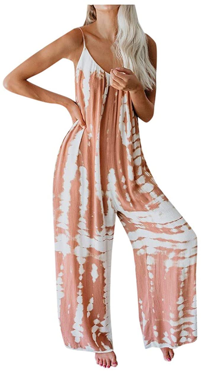 OMINA Tie-dye Printed Strap Romper Jumpsuits for Women Casual Summer Loose Fit