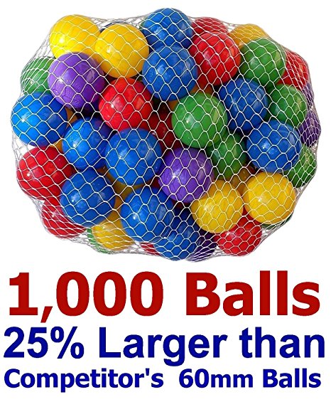 25% Larger My Balls Pack of 1000 Large 2.5" 65mm Ball Pit Balls by Volume; 5 Bright Colors; Crush-Proof Air-Filled; Phthalate Free; BPA Free; non-Toxic; non-PVC; non-Recycled Plastic