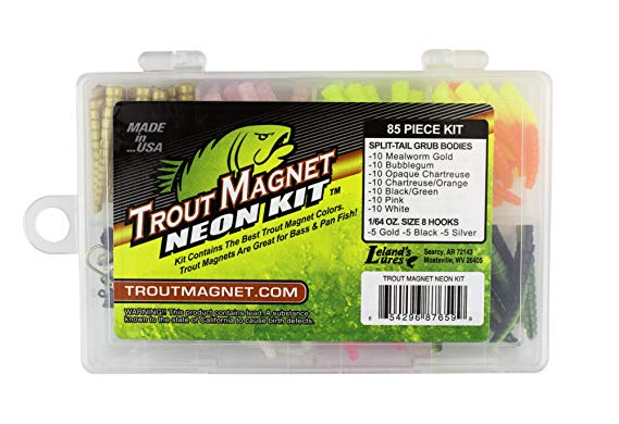 Leland Lures Trout Magnet Neon Kit - 70 Grub Bodies and 15 Size 8 Hooks