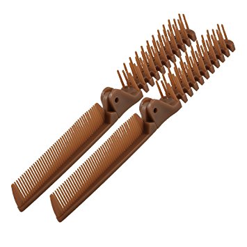 2 Pcs Lady Coffee Color Fishbone Shaped 2 Way Folding Hair Brush Pocket Comb