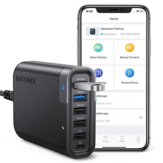 RAVPower USB C Wall Charger 60W 6 Port with Quick Charge 3.0, Backup function and iSmart Multiple Port, 24W Power Delivery Desktop USB Charging Station Filehub for Phone and Tablet