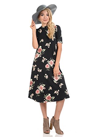 Iconic Luxe Women's Mock Neck Trapeze Midi Dress Solid and Floral Print