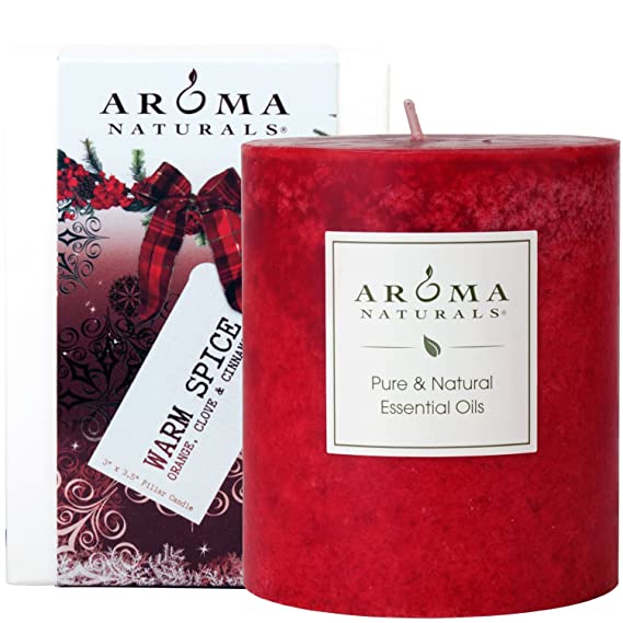 Aroma Naturals Holiday Essential Oil Scented Pillar Candle, Orange, Clove and Cinnamon, Warm Spice, 3 inch x 3.5 inch