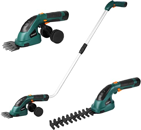 Fixkit 7.2V 2 in 1 Cordless Grass and Hedge Trimmer, 2 Interchangeable Blades, Battery Powered Lightweight Electric Trimmer,Telescopic Handle & Trolley Wheel Attachments