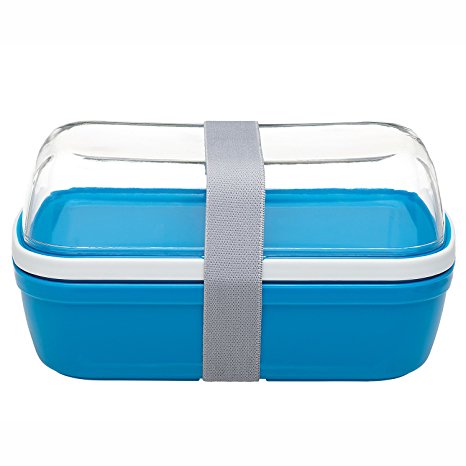 Bento Lunch Box with Leakproof Lid, Personalizable Divider & Matching Cutlery - Removable Clear Liner Becomes Upper Fruit Bowl
